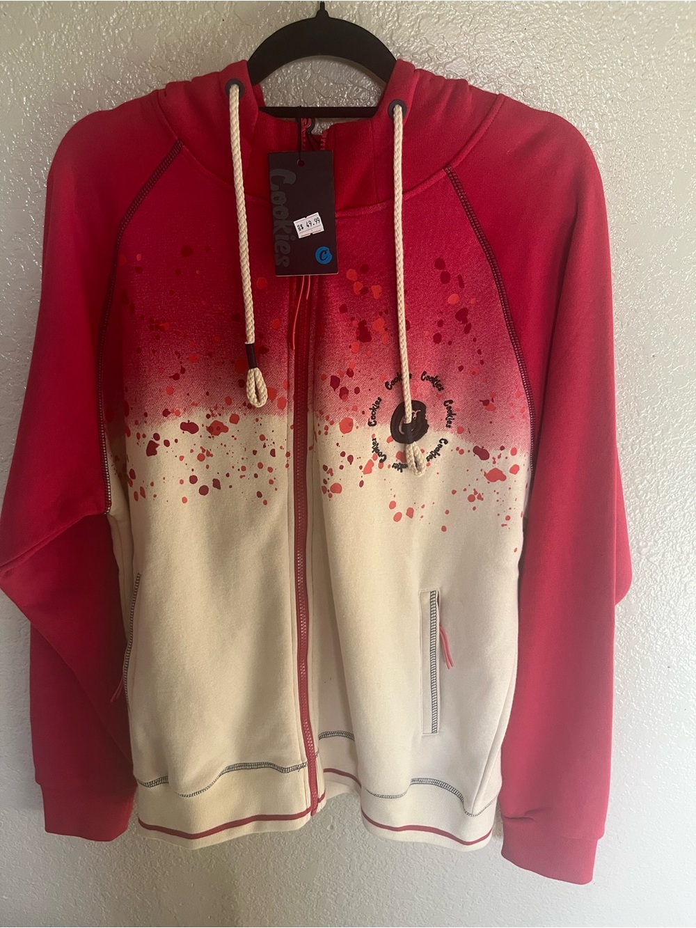 Men's Red and Cream Zip Hoodie Jacket with Paint-Splash Detail